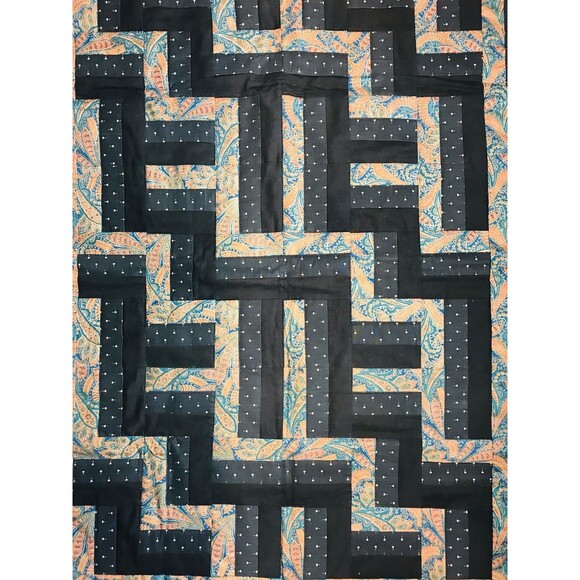 Vintage Handmade And Machine Sewn Wall Hanging Quilt Black Teal Orange 44 X 32 - Picture 2 of 12